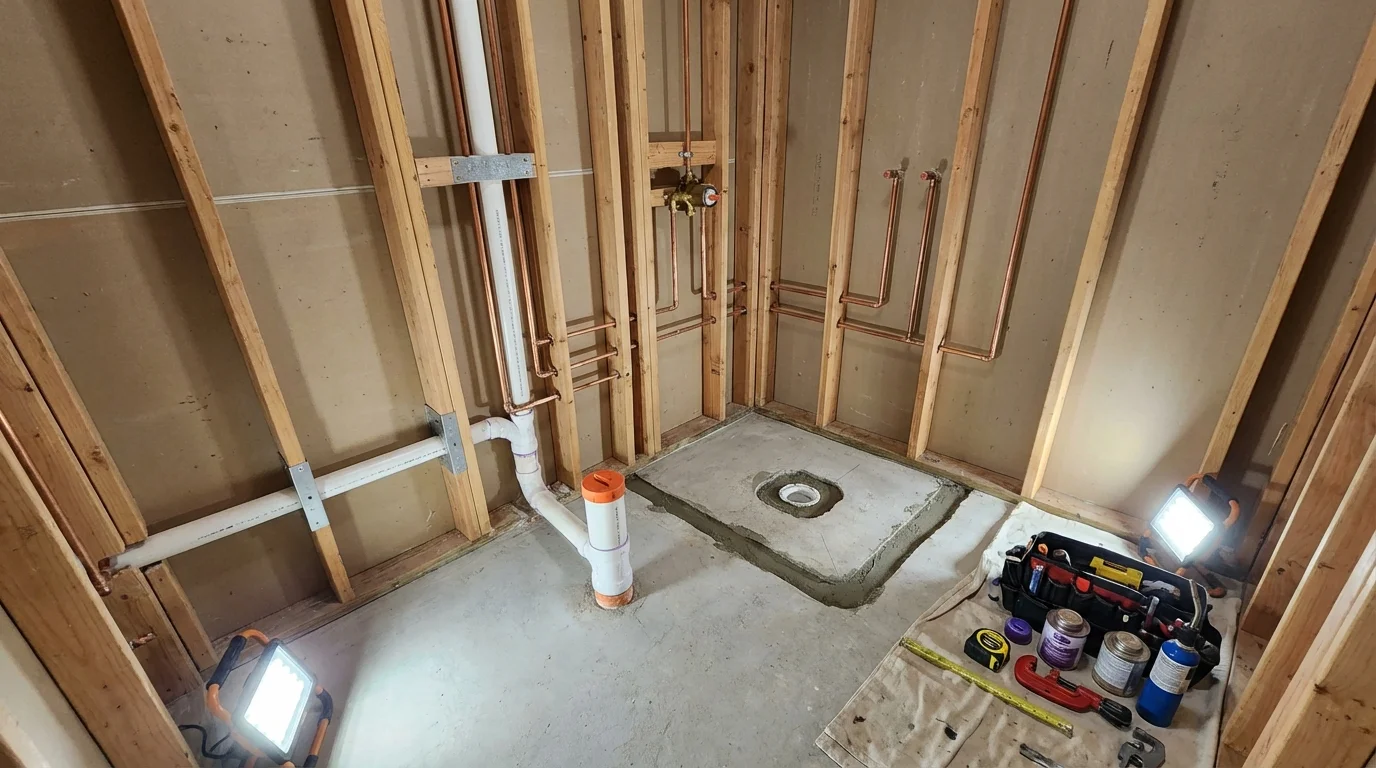 Bathroom rough-in plumbing during remodel by Johns Plumbing LLC in Ingram