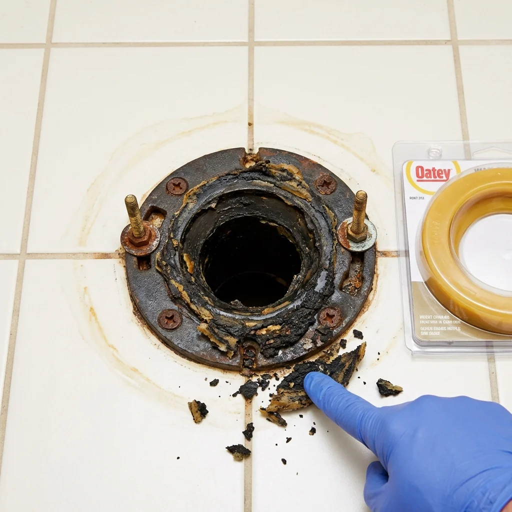 Failed wax ring showing water seepage at the base of a toilet in a Ingram, TX home